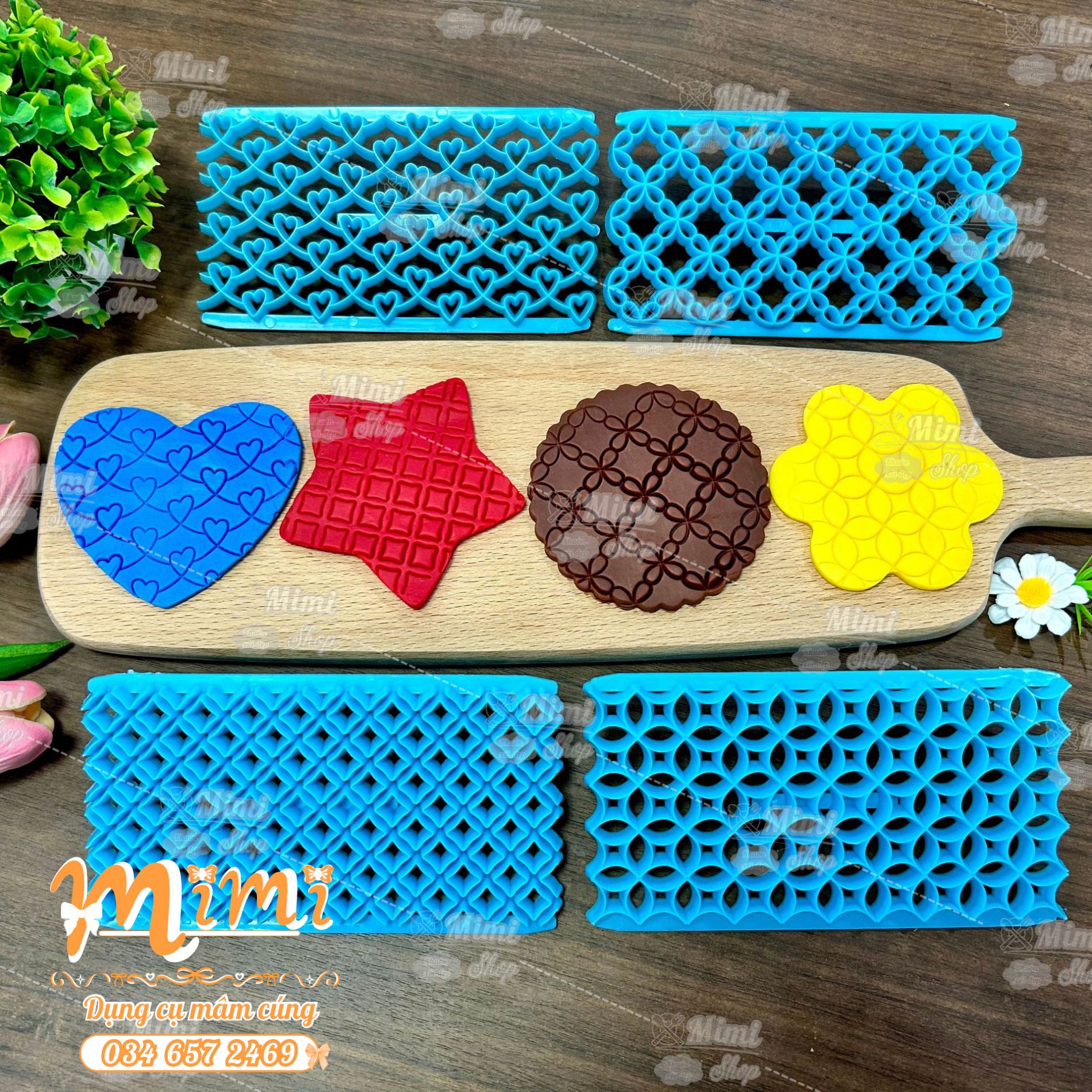 Set nhựa 4 khuôn xanh tạo vân đậu, tạo hình bánh quy